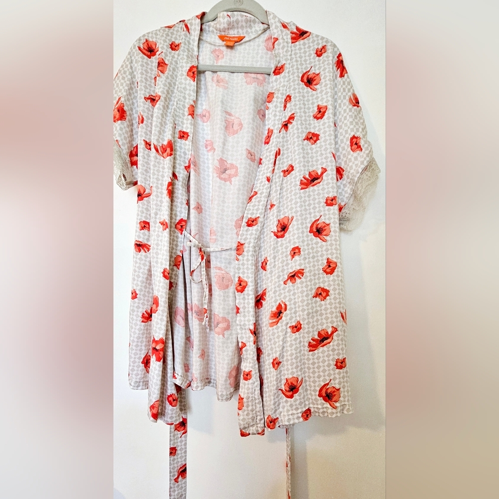 Joe Fresh Floral Print Robe Lace Trim White Gray Orange Lightweight Size XL/TG
